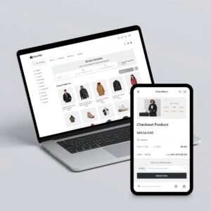 a shopify online store mockup with product grid, clean header, and checkout preview, shown on a laptop or tablet screen.