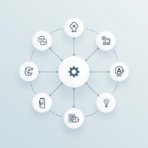 automation flow diagram a simple, clean workflow diagram with connected nodes, arrows, and automation icons. abstract but professional, light colors, startup tech feeling.
